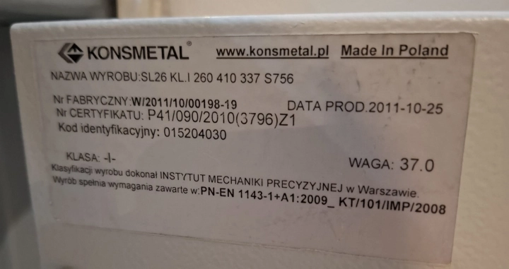 Sejf domowy, Konsmetal SL 26, I klasa odporności na włamanie, 37 kg tabliczka