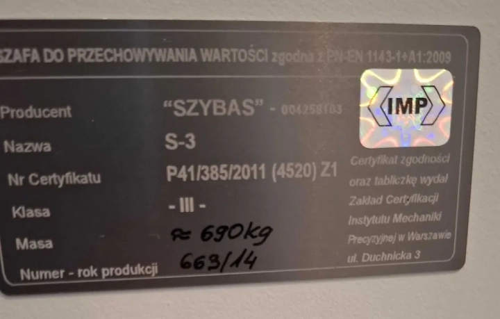 kasa pancerna Szybas, 690kg, III klasa